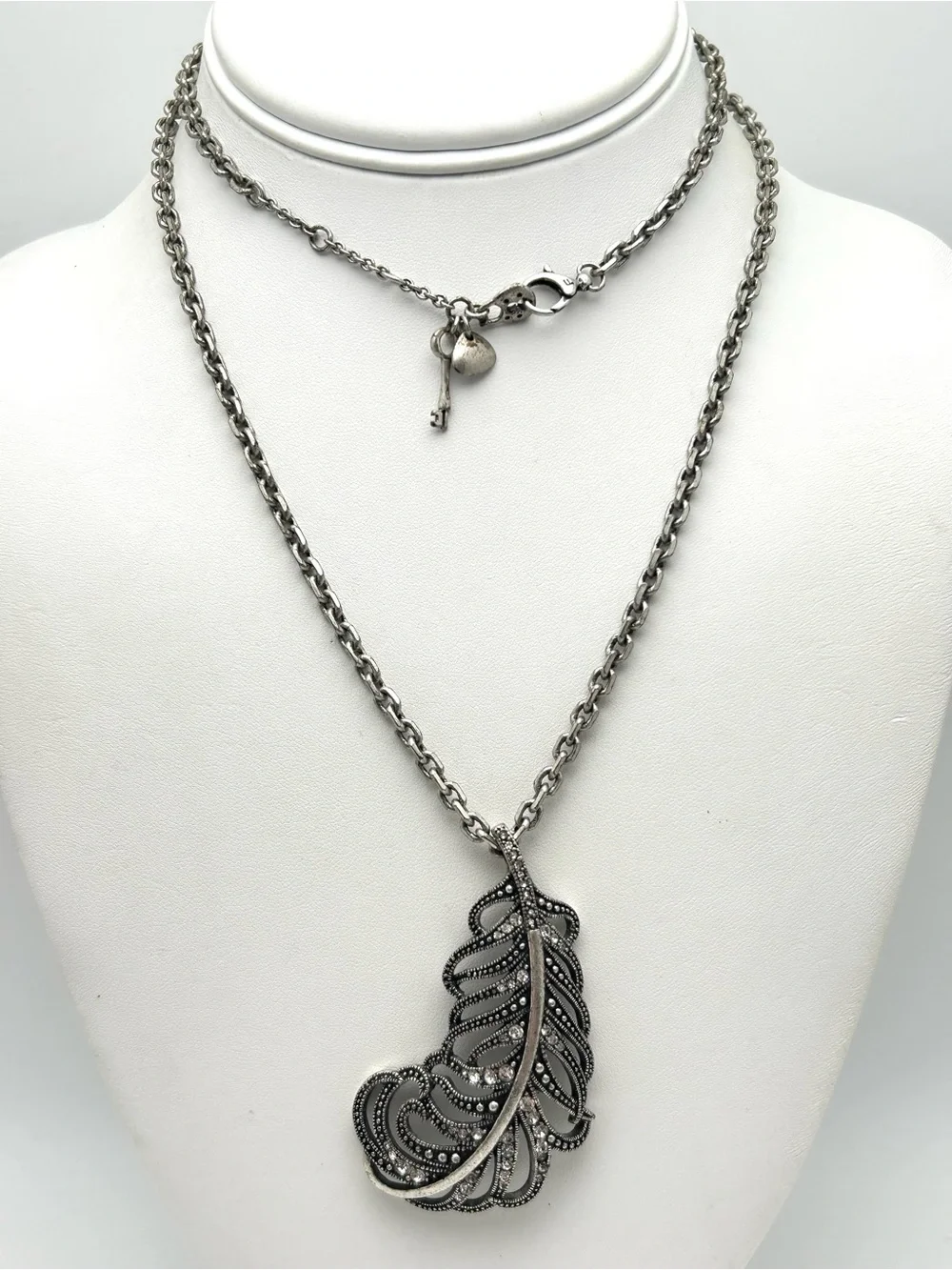 Fossil Jeweled Feather Pendant Necklace